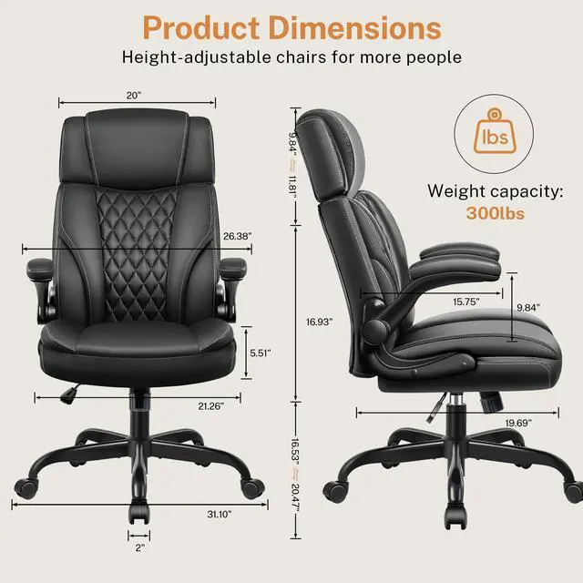 Alt view image 3 of 7 - Office Chair Flip Up Arms, Executive Leather Office Chair Ergonomic Desk Chair with Lumbar Support, Adjustable Headrest, Computer Chair Home Office Desk Chair with Rocking Function