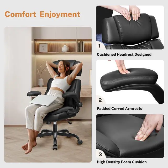 Alt view image 4 of 7 - Office Chair Flip Up Arms, Executive Leather Office Chair Ergonomic Desk Chair with Lumbar Support, Adjustable Headrest, Computer Chair Home Office Desk Chair with Rocking Function