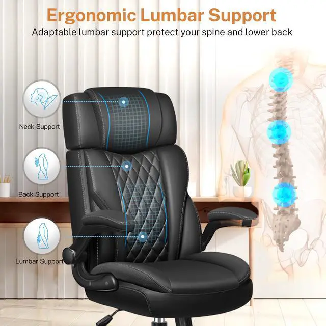 Alt view image 5 of 7 - Office Chair Flip Up Arms, Executive Leather Office Chair Ergonomic Desk Chair with Lumbar Support, Adjustable Headrest, Computer Chair Home Office Desk Chair with Rocking Function