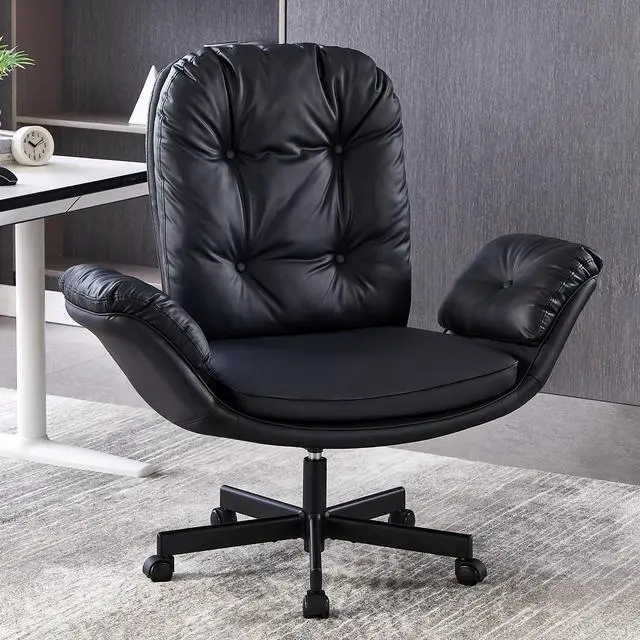 Main image of Criss Cross Chair with Armrests & Wheels for Cross-Legged Sitting, Comfortable Adjustable Swivel Office Desk Chair PU Leather Vanity Chair for Home, Makeup and Bedroom (Black)