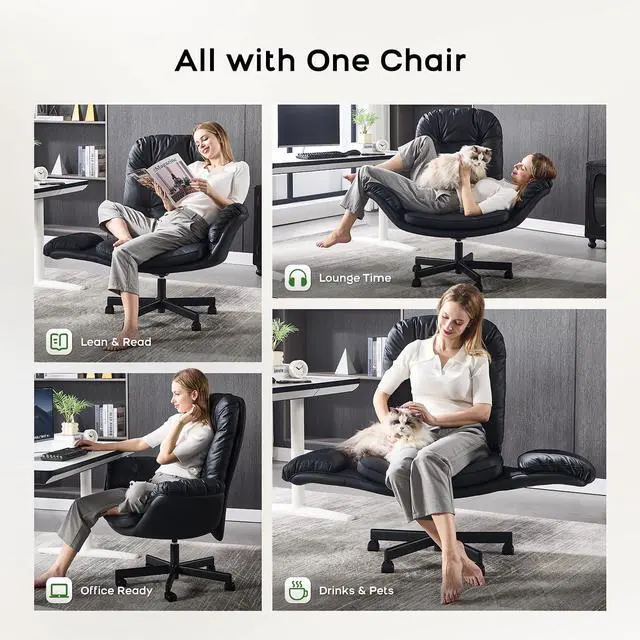Alt view image 2 of 7 - Criss Cross Chair with Armrests & Wheels for Cross-Legged Sitting, Comfortable Adjustable Swivel Office Desk Chair PU Leather Vanity Chair for Home, Makeup and Bedroom (Black)