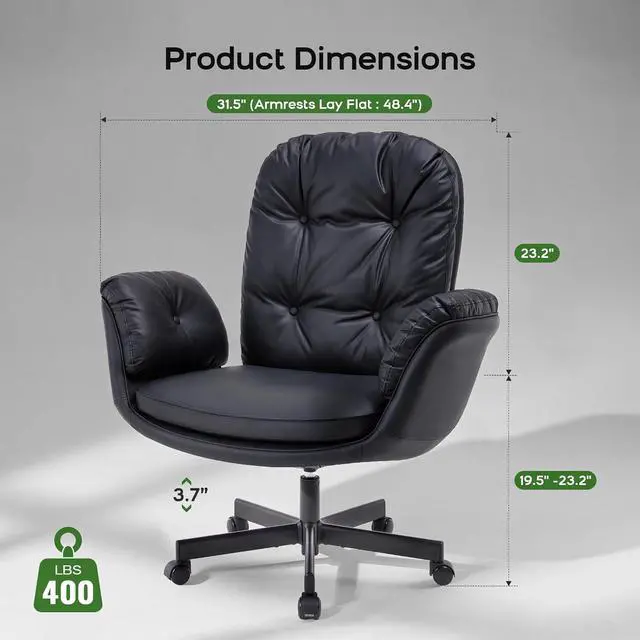 Alt view image 3 of 7 - Criss Cross Chair with Armrests & Wheels for Cross-Legged Sitting, Comfortable Adjustable Swivel Office Desk Chair PU Leather Vanity Chair for Home, Makeup and Bedroom (Black)