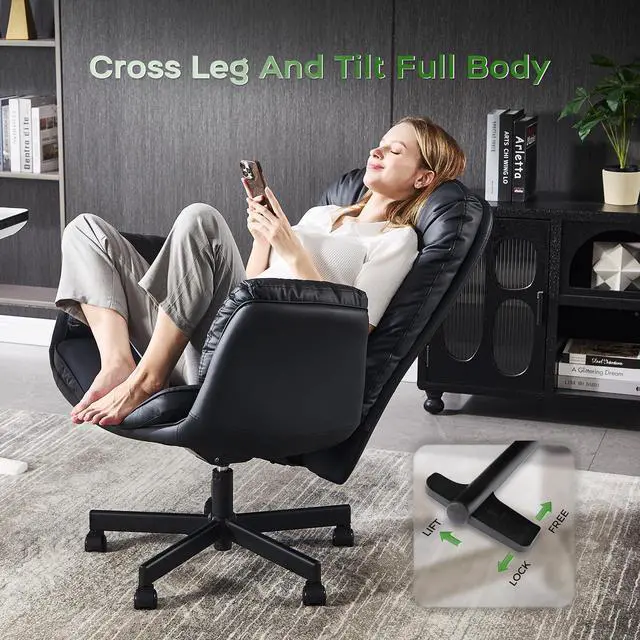 Alt view image 4 of 7 - Criss Cross Chair with Armrests & Wheels for Cross-Legged Sitting, Comfortable Adjustable Swivel Office Desk Chair PU Leather Vanity Chair for Home, Makeup and Bedroom (Black)