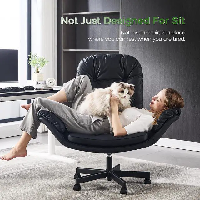 Alt view image 6 of 7 - Criss Cross Chair with Armrests & Wheels for Cross-Legged Sitting, Comfortable Adjustable Swivel Office Desk Chair PU Leather Vanity Chair for Home, Makeup and Bedroom (Black)
