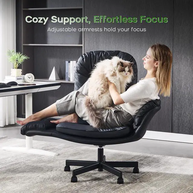 Alt view image 7 of 7 - Criss Cross Chair with Armrests & Wheels for Cross-Legged Sitting, Comfortable Adjustable Swivel Office Desk Chair PU Leather Vanity Chair for Home, Makeup and Bedroom (Black)