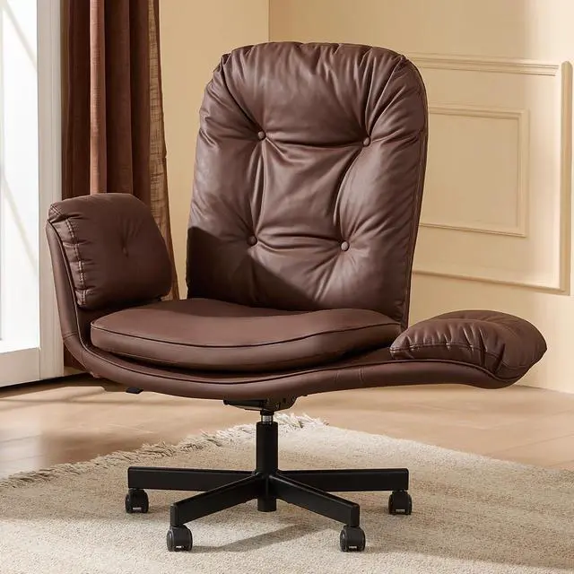 Main image of Criss Cross Chair with Armrests & Wheels for Cross-Legged Sitting, Comfortable Adjustable Swivel Office Desk Chair PU Leather Vanity Chair for Home, Makeup and Bedroom (Brown)
