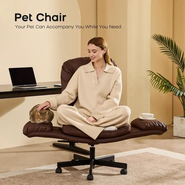 Alt view image 2 of 7 - Criss Cross Chair with Armrests & Wheels for Cross-Legged Sitting, Comfortable Adjustable Swivel Office Desk Chair PU Leather Vanity Chair for Home, Makeup and Bedroom (Brown)