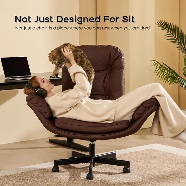 Alt view image 4 of 7 - Criss Cross Chair with Armrests & Wheels for Cross-Legged Sitting, Comfortable Adjustable Swivel Office Desk Chair PU Leather Vanity Chair for Home, Makeup and Bedroom (Brown)