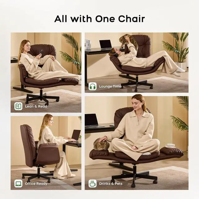 Alt view image 6 of 7 - Criss Cross Chair with Armrests & Wheels for Cross-Legged Sitting, Comfortable Adjustable Swivel Office Desk Chair PU Leather Vanity Chair for Home, Makeup and Bedroom (Brown)