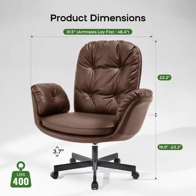 Alt view image 7 of 7 - Criss Cross Chair with Armrests & Wheels for Cross-Legged Sitting, Comfortable Adjustable Swivel Office Desk Chair PU Leather Vanity Chair for Home, Makeup and Bedroom (Brown)