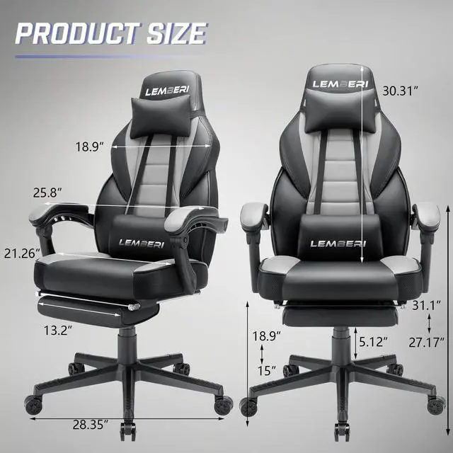 Alt view image 2 of 7 - Gaming Chair with Footrest, Ergonomic Video Game Chair for Adults, Big and Tall Chair 400lb Weight Capacity, Racing Style Computer Gamer Chair with Headrest and Lumbar Support, PU Leather