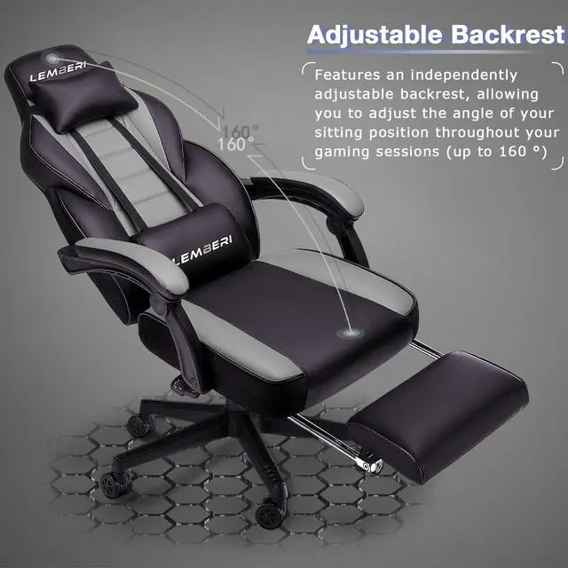 Alt view image 4 of 7 - Gaming Chair with Footrest, Ergonomic Video Game Chair for Adults, Big and Tall Chair 400lb Weight Capacity, Racing Style Computer Gamer Chair with Headrest and Lumbar Support, PU Leather