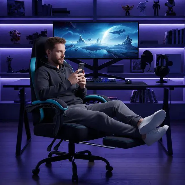 Alt view image 2 of 7 - Gaming Chair, Fabric Big and Tall Video Game Chairs with Footrest, Massage Lumbar Support, Racing Style Ergonomic Computer Gamer Chair with Adjustable Headrest (Blue)