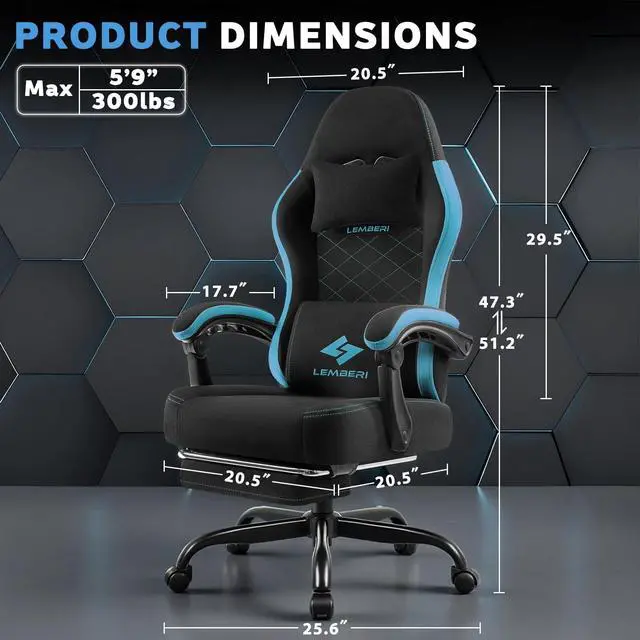 Alt view image 3 of 7 - Gaming Chair, Fabric Big and Tall Video Game Chairs with Footrest, Massage Lumbar Support, Racing Style Ergonomic Computer Gamer Chair with Adjustable Headrest (Blue)
