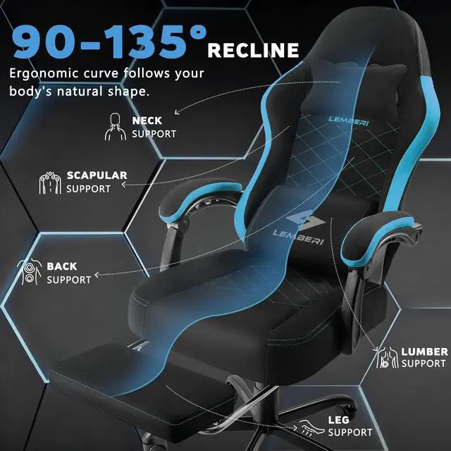 Alt view image 5 of 7 - Gaming Chair, Fabric Big and Tall Video Game Chairs with Footrest, Massage Lumbar Support, Racing Style Ergonomic Computer Gamer Chair with Adjustable Headrest (Blue)