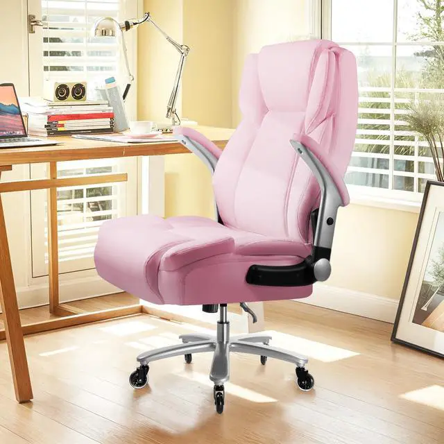 Alt view image 2 of 7 - 600lbs Big and Tall Office Chair with Flip up Armrest, Heavy Duty Executive Office Chair for Heavy People, High Back Computer Chair with Adjustable Lumbar Support,Pink