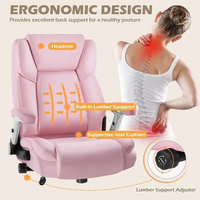 Alt view image 3 of 7 - 600lbs Big and Tall Office Chair with Flip up Armrest, Heavy Duty Executive Office Chair for Heavy People, High Back Computer Chair with Adjustable Lumbar Support,Pink