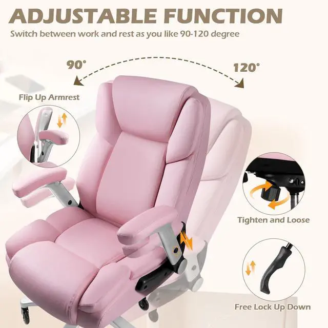 Alt view image 5 of 7 - 600lbs Big and Tall Office Chair with Flip up Armrest, Heavy Duty Executive Office Chair for Heavy People, High Back Computer Chair with Adjustable Lumbar Support,Pink
