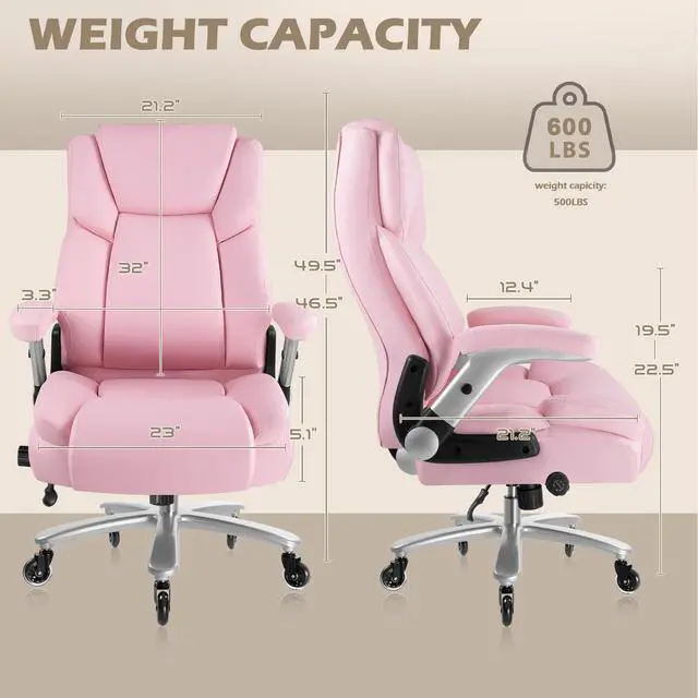 Alt view image 6 of 7 - 600lbs Big and Tall Office Chair with Flip up Armrest, Heavy Duty Executive Office Chair for Heavy People, High Back Computer Chair with Adjustable Lumbar Support,Pink