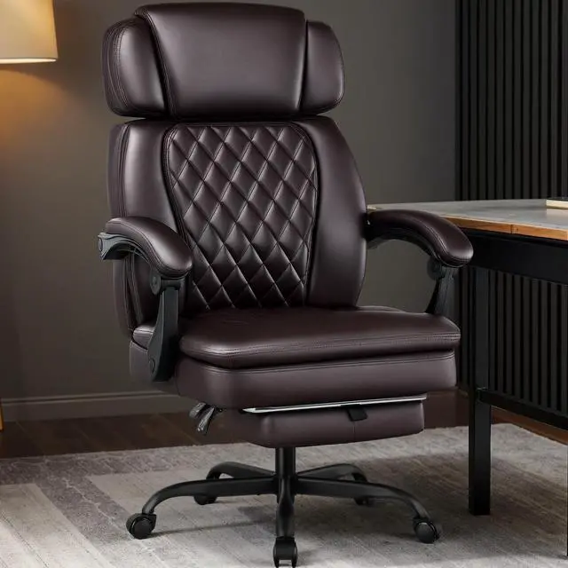 Alt view image 2 of 7 - 400lbs Executive Office Chair with Foot Rest for Heavy People, Ergonomic Big and Tall Desk Chair with Adjustable Headrest, High Back PU Leather Comfy Heavy Duty Computer Chair