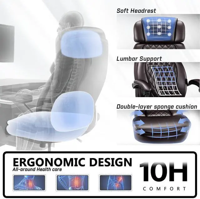 Alt view image 6 of 7 - 400lbs Executive Office Chair with Foot Rest for Heavy People, Ergonomic Big and Tall Desk Chair with Adjustable Headrest, High Back PU Leather Comfy Heavy Duty Computer Chair