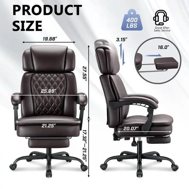Alt view image 3 of 7 - 400lbs Executive Office Chair with Foot Rest for Heavy People, Ergonomic Big and Tall Desk Chair with Adjustable Headrest, High Back PU Leather Comfy Heavy Duty Computer Chair