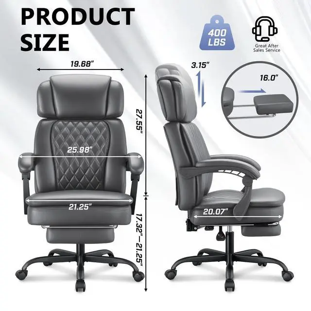 Alt view image 3 of 7 - 400lbs Executive Office Chair with Foot Rest for Heavy People, Ergonomic Big and Tall Desk Chair with Adjustable Headrest, High Back PU Leather Comfy Heavy Duty Computer Chair with Spring Cushion