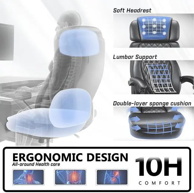 Alt view image 5 of 7 - 400lbs Executive Office Chair with Foot Rest for Heavy People, Ergonomic Big and Tall Desk Chair with Adjustable Headrest, High Back PU Leather Comfy Heavy Duty Computer Chair with Spring Cushion