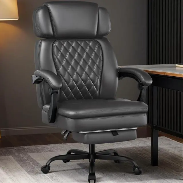 Alt view image 2 of 7 - 400lbs Executive Office Chair with Foot Rest for Heavy People, Ergonomic Big and Tall Desk Chair with Adjustable Headrest, High Back PU Leather Comfy Heavy Duty Computer Chair with Spring Cushion