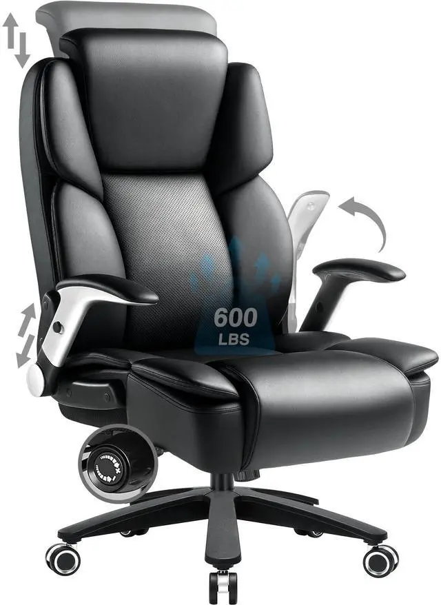 Main image of 600lbs Big and Tall Office Chair for Heavy People,Heavy Duty Comfy Executive Office Desk Chair with Adjustable Lumbar Support,High Back Reclining PU Leather Computer Chair,Metal Base (Classic, Black1)