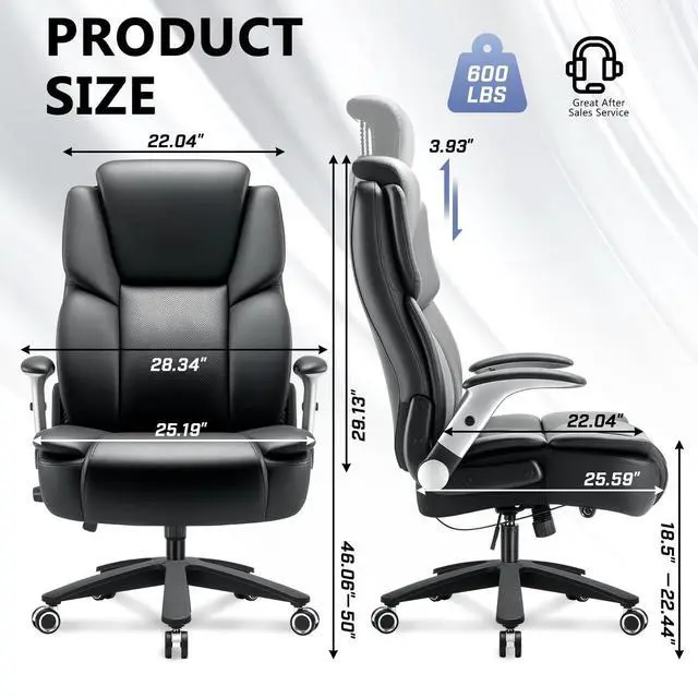 Alt view image 7 of 7 - 600lbs Big and Tall Office Chair for Heavy People,Heavy Duty Comfy Executive Office Desk Chair with Adjustable Lumbar Support,High Back Reclining PU Leather Computer Chair,Metal Base (Classic, Black1)