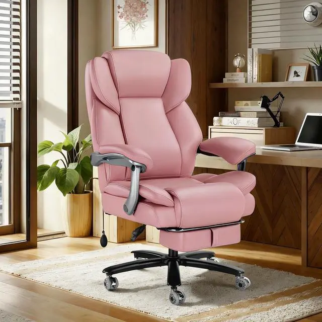 Alt view image 2 of 7 - 600lbs Big and Tall Office Chair for Heavy People,Heavy Duty Comfy Executive Office Desk Chair with Adjustable Lumbar Support,High Back Reclining PU Leather Computer Chair (Classic, Pink)
