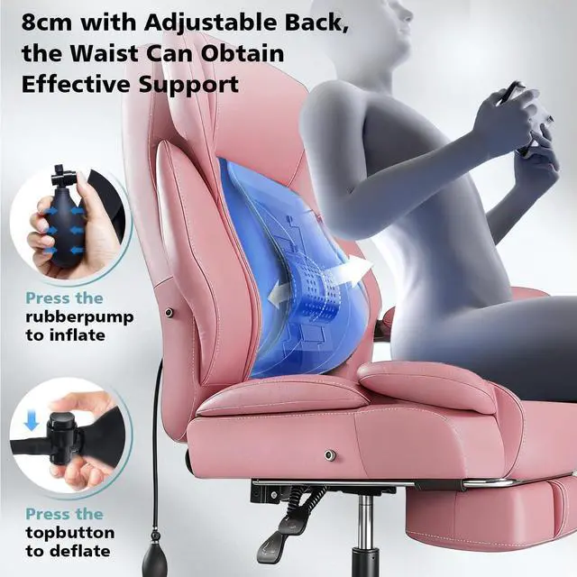 Alt view image 3 of 7 - 600lbs Big and Tall Office Chair for Heavy People,Heavy Duty Comfy Executive Office Desk Chair with Adjustable Lumbar Support,High Back Reclining PU Leather Computer Chair (Classic, Pink)