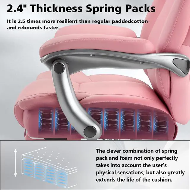 Alt view image 4 of 7 - 600lbs Big and Tall Office Chair for Heavy People,Heavy Duty Comfy Executive Office Desk Chair with Adjustable Lumbar Support,High Back Reclining PU Leather Computer Chair (Classic, Pink)