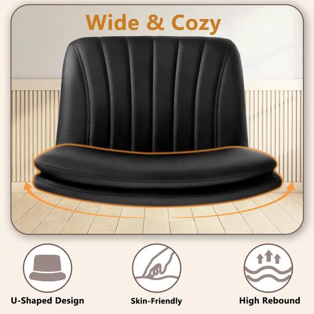 Alt view image 5 of 7 - Criss Cross Chair, PU Leather Vanity Chair with Wheels, Armless Cross Legged Home Office Chair, Wide Seat Swivel Criss Cross Desk Chair, Height Adjustable Vanity Chair with Back, Black