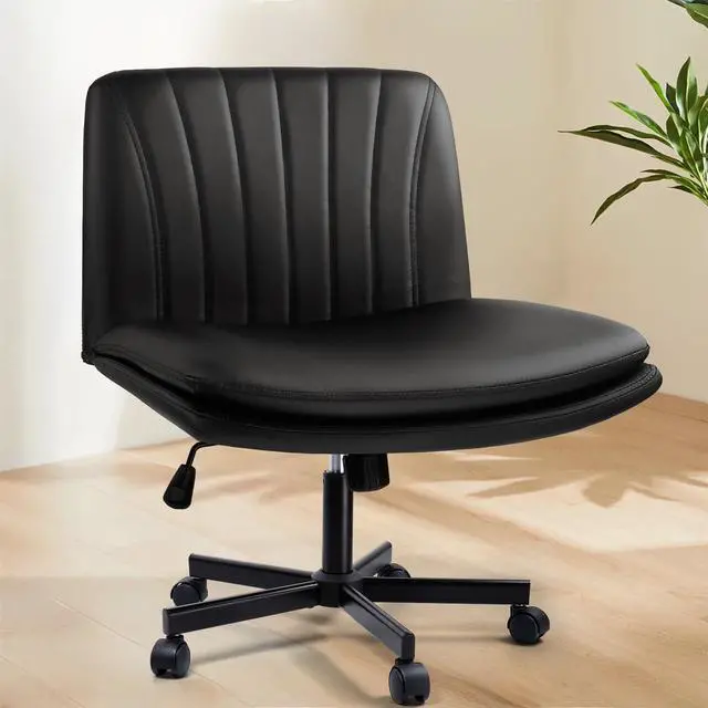 Main image of Criss Cross Chair, PU Leather Vanity Chair with Wheels, Armless Cross Legged Home Office Chair, Wide Seat Swivel Criss Cross Desk Chair, Height Adjustable Vanity Chair with Back, Black