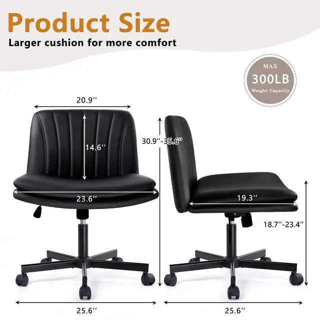 Alt view image 2 of 7 - Criss Cross Chair, PU Leather Vanity Chair with Wheels, Armless Cross Legged Home Office Chair, Wide Seat Swivel Criss Cross Desk Chair, Height Adjustable Vanity Chair with Back, Black