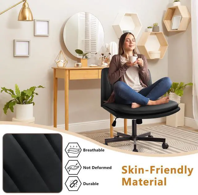 Alt view image 3 of 7 - Criss Cross Chair, PU Leather Vanity Chair with Wheels, Armless Cross Legged Home Office Chair, Wide Seat Swivel Criss Cross Desk Chair, Height Adjustable Vanity Chair with Back, Black