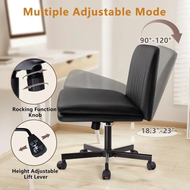 Alt view image 4 of 7 - Criss Cross Chair, PU Leather Vanity Chair with Wheels, Armless Cross Legged Home Office Chair, Wide Seat Swivel Criss Cross Desk Chair, Height Adjustable Vanity Chair with Back, Black