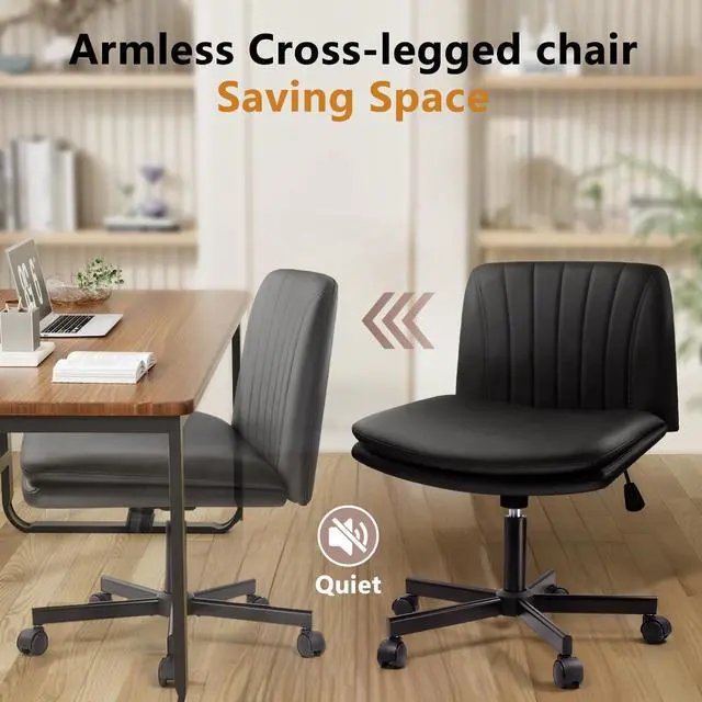 Alt view image 7 of 7 - Criss Cross Chair, PU Leather Vanity Chair with Wheels, Armless Cross Legged Home Office Chair, Wide Seat Swivel Criss Cross Desk Chair, Height Adjustable Vanity Chair with Back, Black