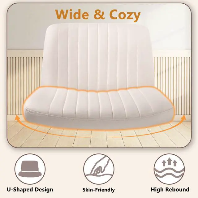 Alt view image 5 of 7 - Criss Cross Chair with Wheels, Cross Legged Office Vanity Chair with Wheels, Comfortable Beige Vanity Chair with Back, Armless Fabric Adjustable Wide Swivel Criss Cross Desk Chair for Home Office