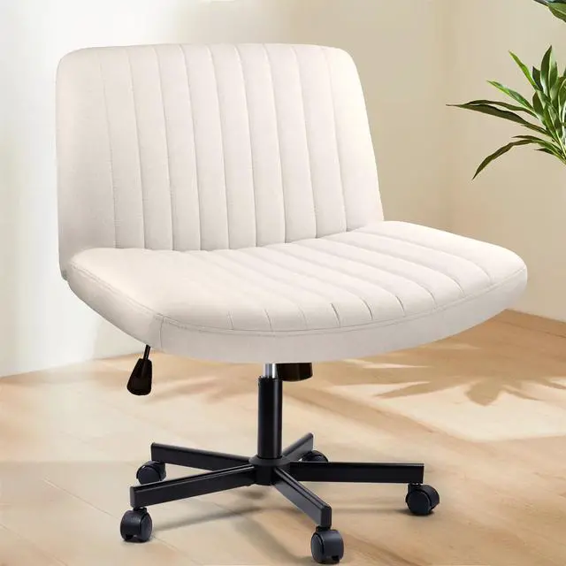 Main image of Criss Cross Chair with Wheels, Cross Legged Office Vanity Chair with Wheels, Comfortable Beige Vanity Chair with Back, Armless Fabric Adjustable Wide Swivel Criss Cross Desk Chair for Home Office