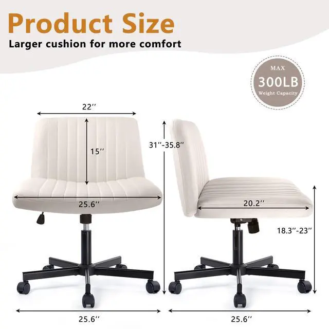 Alt view image 2 of 7 - Criss Cross Chair with Wheels, Cross Legged Office Vanity Chair with Wheels, Comfortable Beige Vanity Chair with Back, Armless Fabric Adjustable Wide Swivel Criss Cross Desk Chair for Home Office
