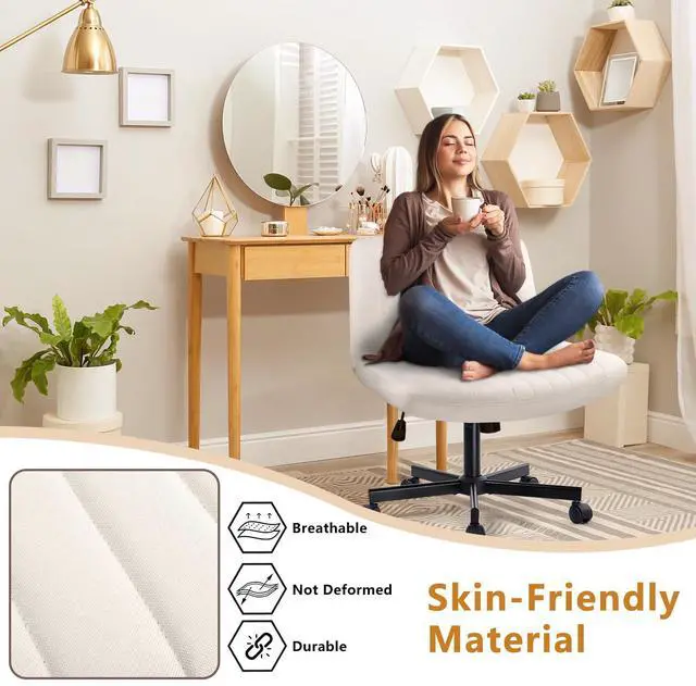 Alt view image 3 of 7 - Criss Cross Chair with Wheels, Cross Legged Office Vanity Chair with Wheels, Comfortable Beige Vanity Chair with Back, Armless Fabric Adjustable Wide Swivel Criss Cross Desk Chair for Home Office