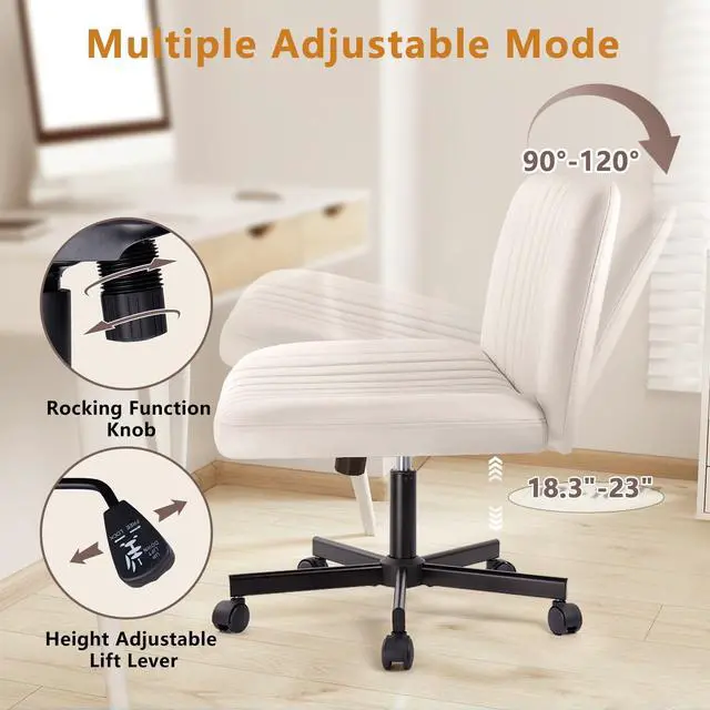 Alt view image 4 of 7 - Criss Cross Chair with Wheels, Cross Legged Office Vanity Chair with Wheels, Comfortable Beige Vanity Chair with Back, Armless Fabric Adjustable Wide Swivel Criss Cross Desk Chair for Home Office