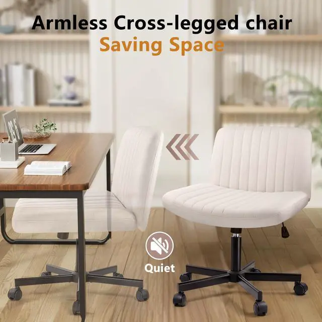 Alt view image 7 of 7 - Criss Cross Chair with Wheels, Cross Legged Office Vanity Chair with Wheels, Comfortable Beige Vanity Chair with Back, Armless Fabric Adjustable Wide Swivel Criss Cross Desk Chair for Home Office