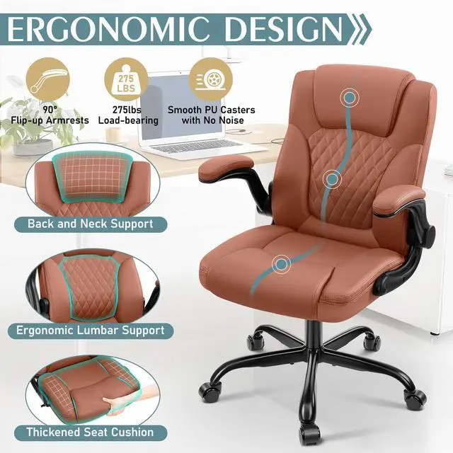 Alt view image 4 of 7 - Leather Office Chair, PU Home Computer Desk Chairs with Ergonomic Back Support, 360°Swivel FreeSmall Gaming Chair with Wheels and Adjustable Armrests, for Short People Use