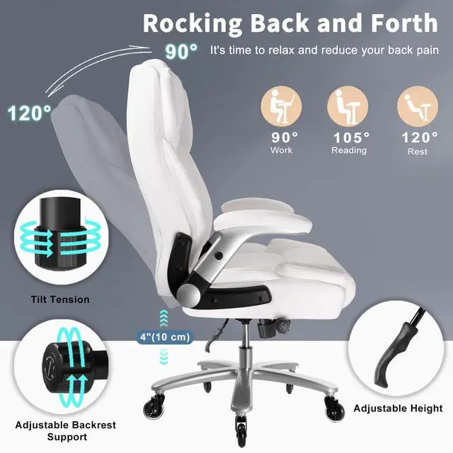 Alt view image 3 of 7 - Big and Tall Office Chair 600lbs, Ergonomic Heavy Duty Executive Office Chair, High Back Office Leather Chair with Adjustable Armrests and Lumbar Support, White Big Tall Chair for Heavy People