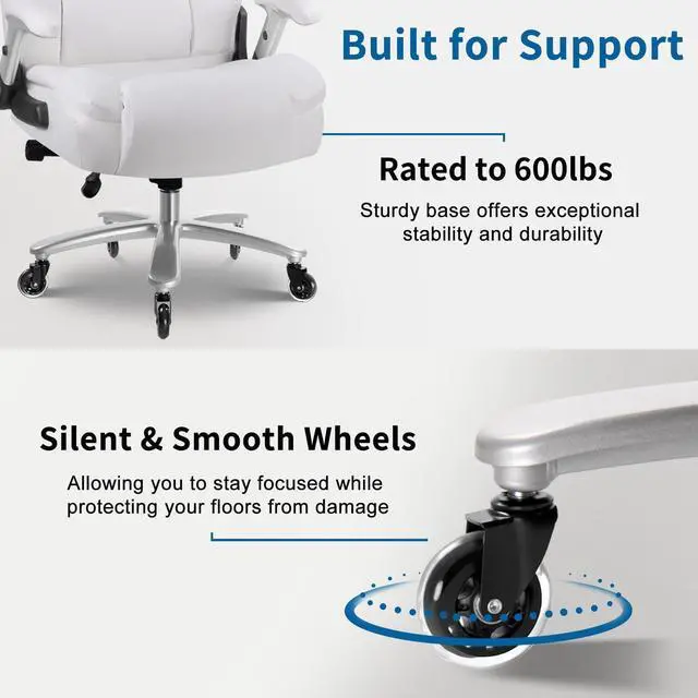 Alt view image 6 of 7 - Big and Tall Office Chair 600lbs, Ergonomic Heavy Duty Executive Office Chair, High Back Office Leather Chair with Adjustable Armrests and Lumbar Support, White Big Tall Chair for Heavy People