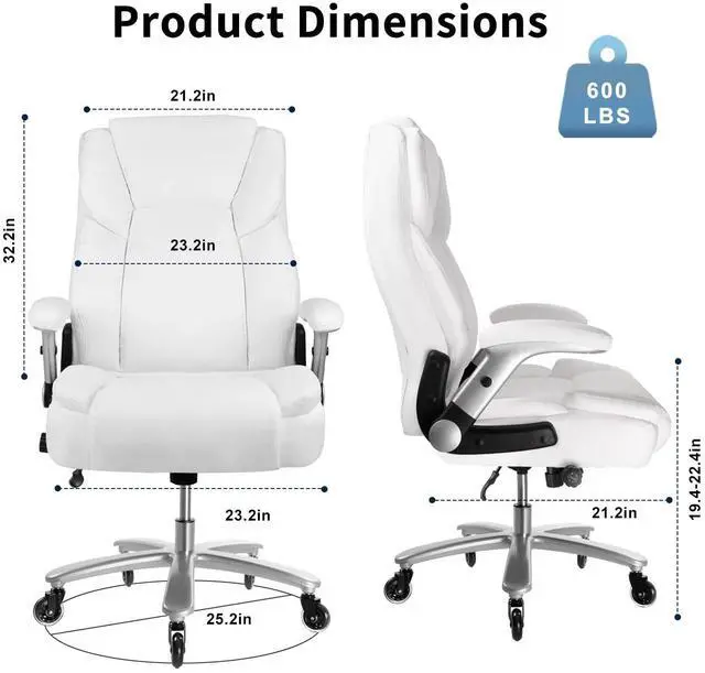 Alt view image 7 of 7 - Big and Tall Office Chair 600lbs, Ergonomic Heavy Duty Executive Office Chair, High Back Office Leather Chair with Adjustable Armrests and Lumbar Support, White Big Tall Chair for Heavy People